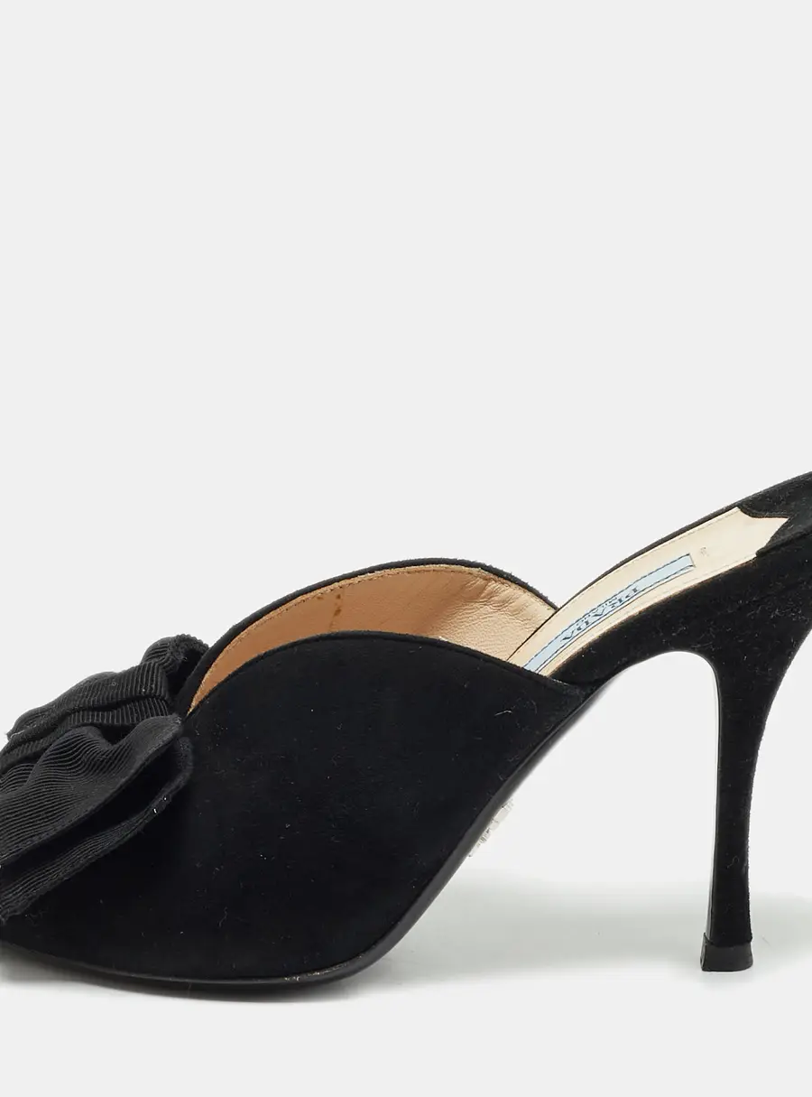Prada Size 38.5 Black Suede Bow Mules