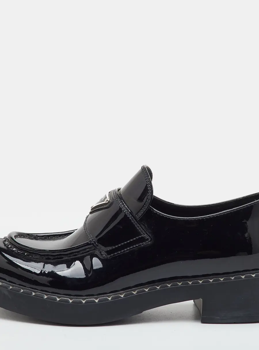 Prada Triangle Logo Size 38 Black Patent Leather Platform Loafers