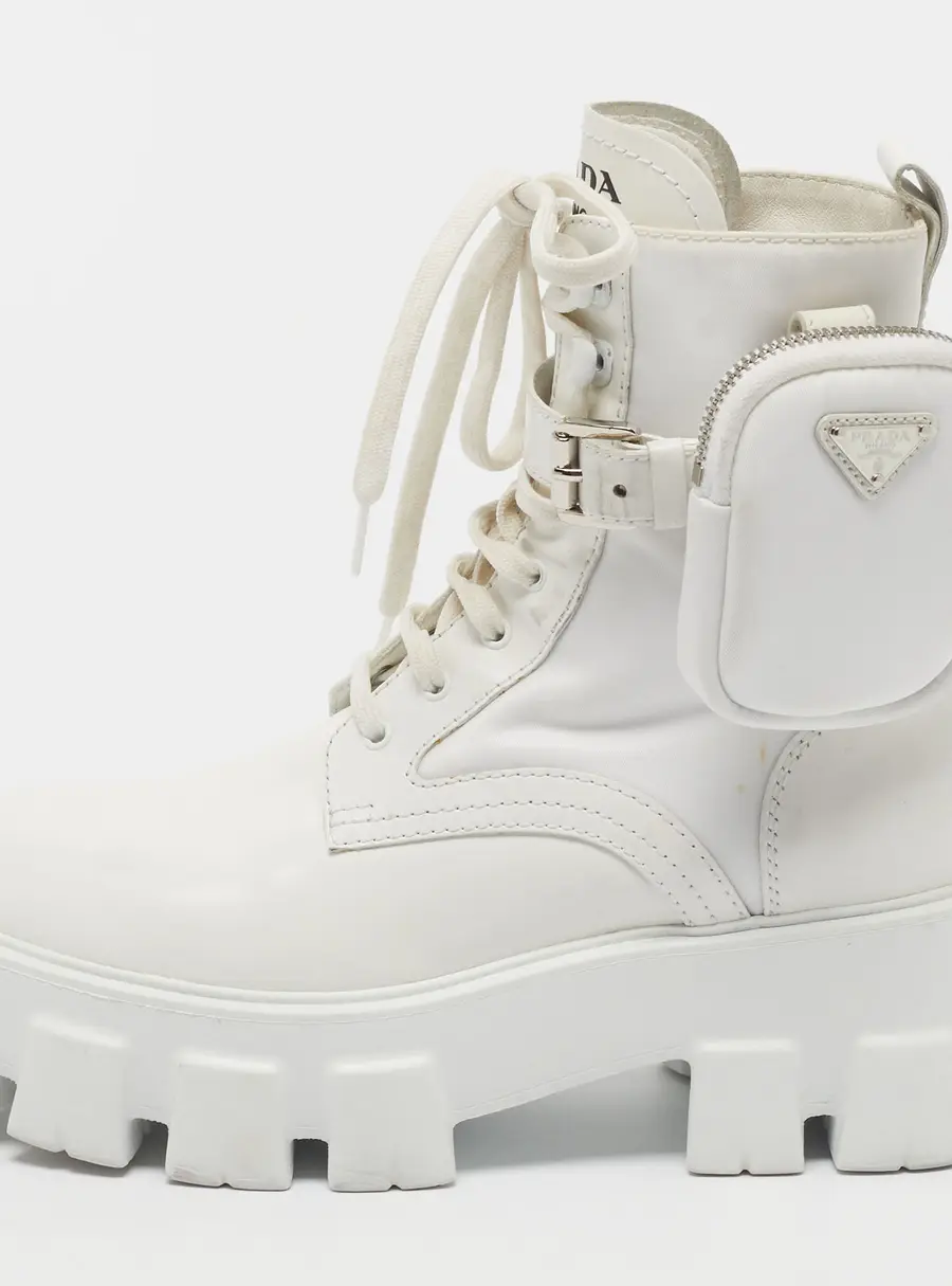Prada Monolith Size 37.5 White Leather and Nylon Combat Boots
