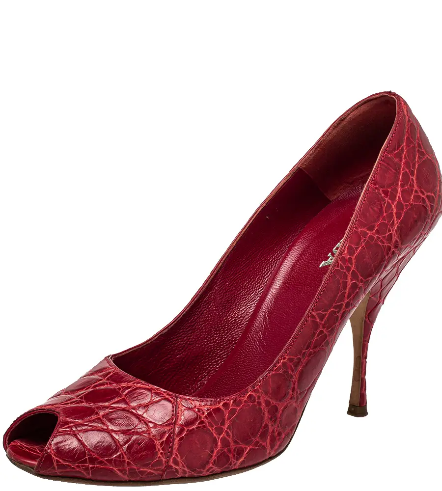 Prada Red Embossed Leather Peep Toe Pumps Size 40