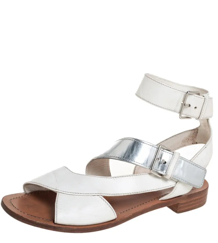 Prada White/Silver Leather Flat Ankle Strap Sandals Size 37
