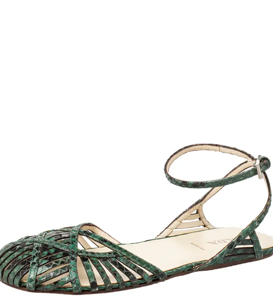 Prada Green/Black Python Flat Ankle Strap Sandals Size 37