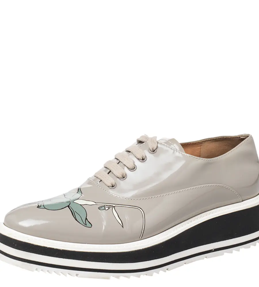 Prada Grey Leather Flower Print Platform Lace Up Oxford Size 38