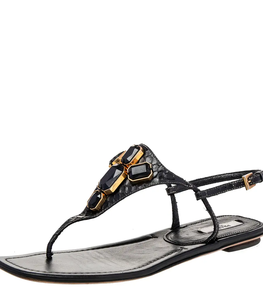 Prada Black Python Embellished Thong Flat Sandals Size 38