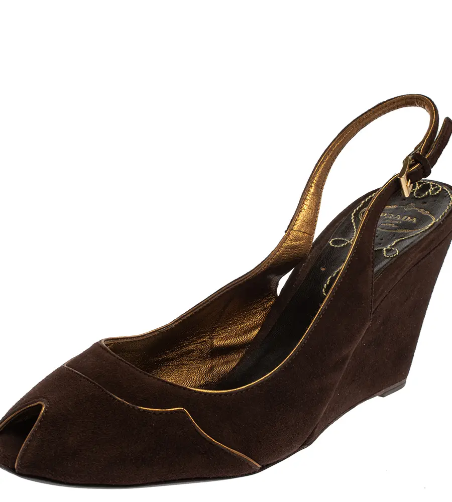 Prada Brown Suede Wedge Peep Toe Sandals Size 41