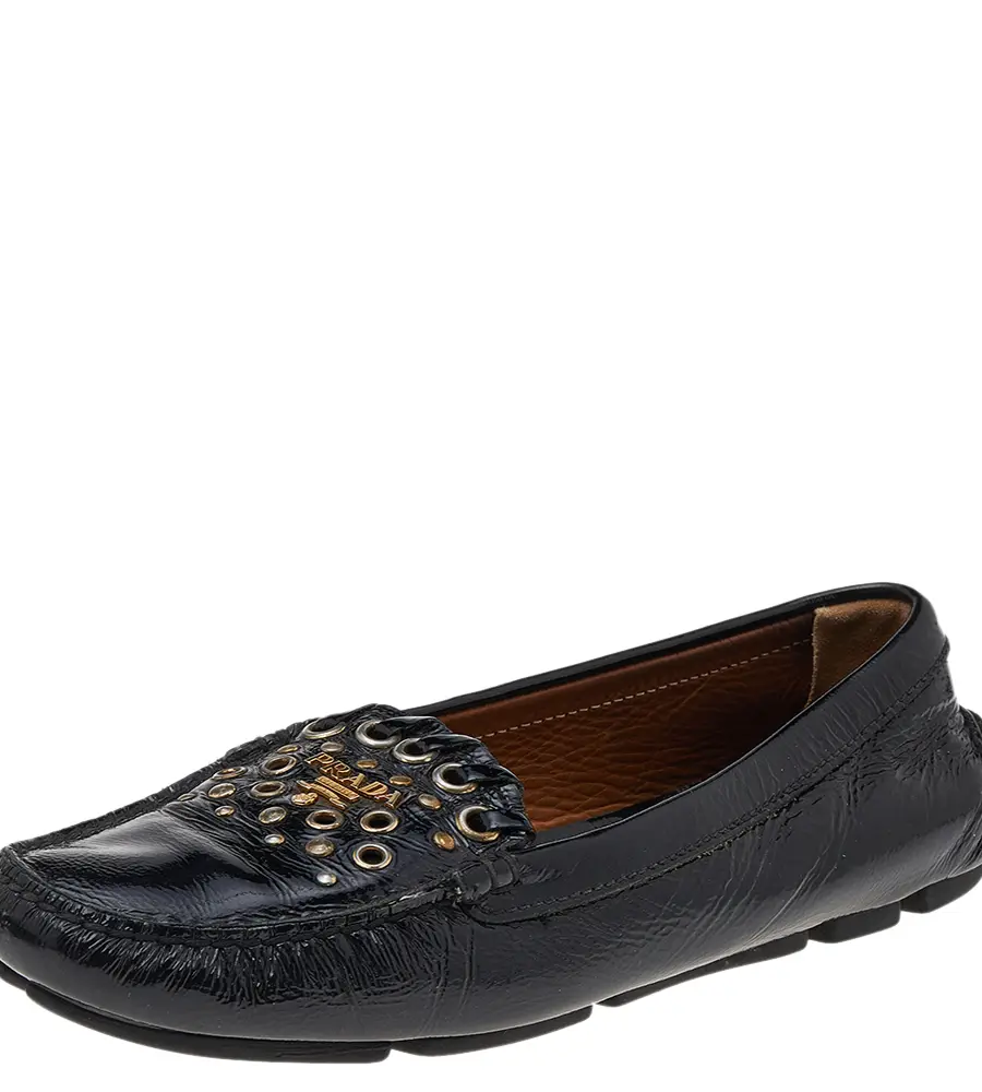 Prada Black Patent Leather Studded Slip On Loafers Size 36