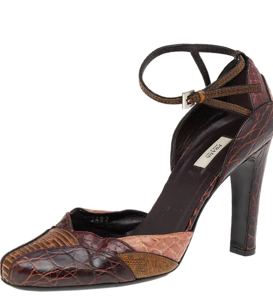 Prada Multicolor Python Leather And Embossed Leather Ankle Strap Sandals Size 38