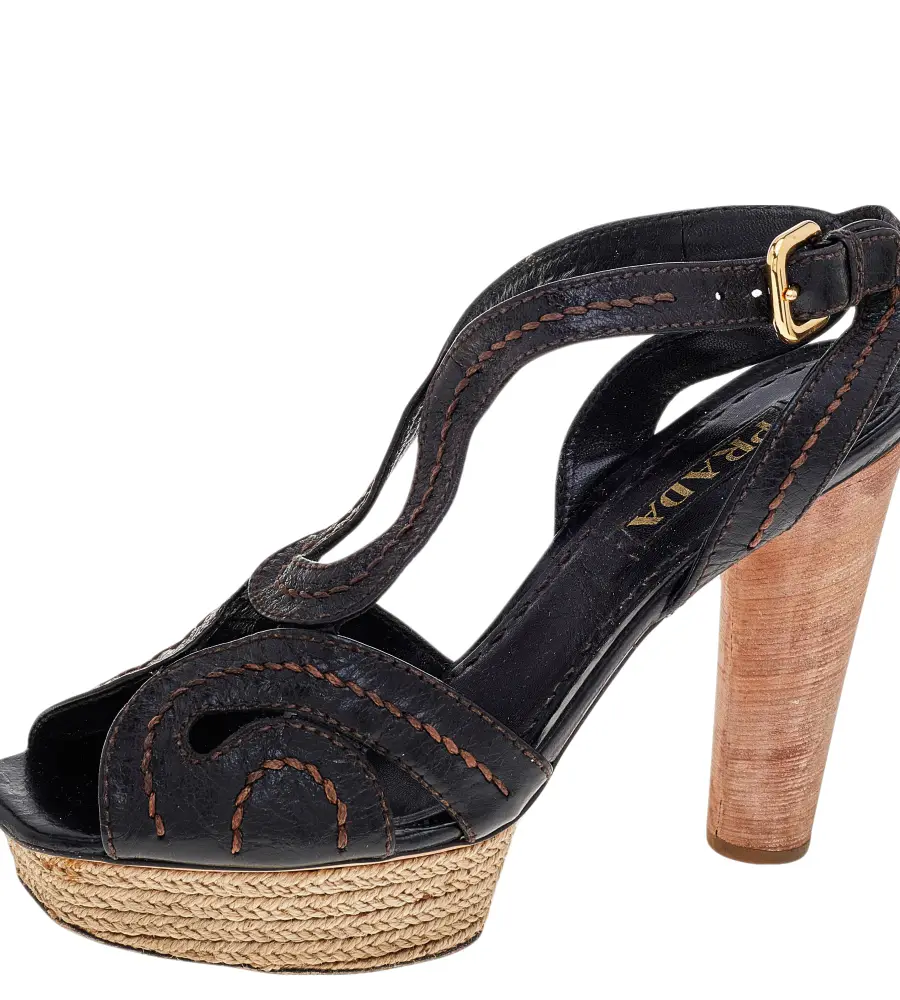 Prada Brown Leather Espadrille Platform Wooden Heel Ankle Sandals Size 40
