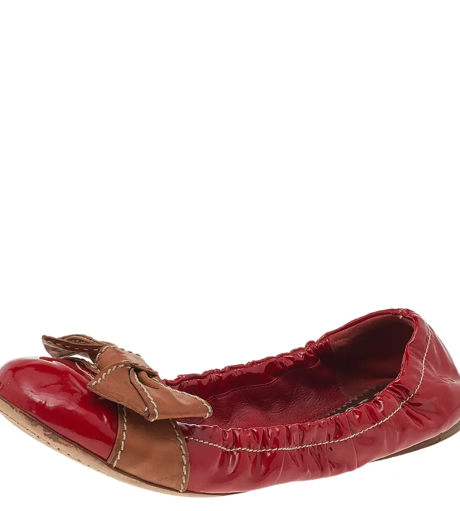 Prada Red/Brown Patent Leather Bow Scrunch Ballet Flats Size 38