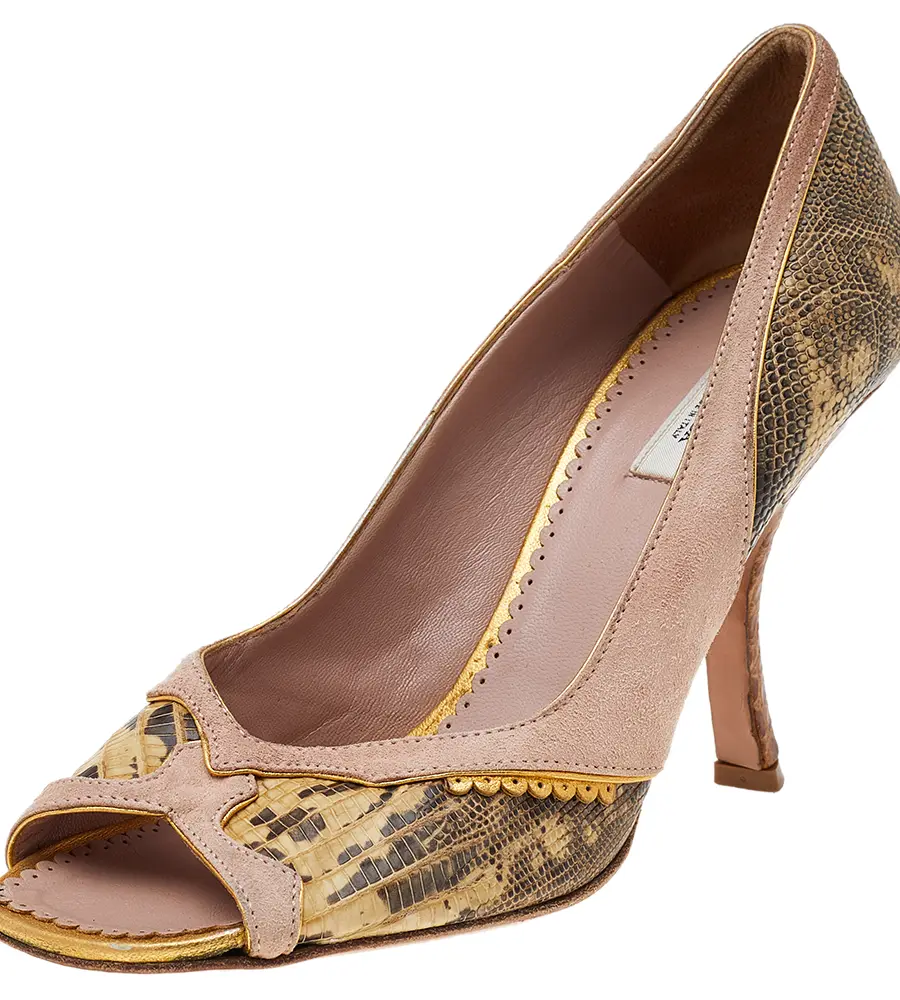 Prada Multicolor Lizard Leather And Suede Open Toe Pumps Size 36.5