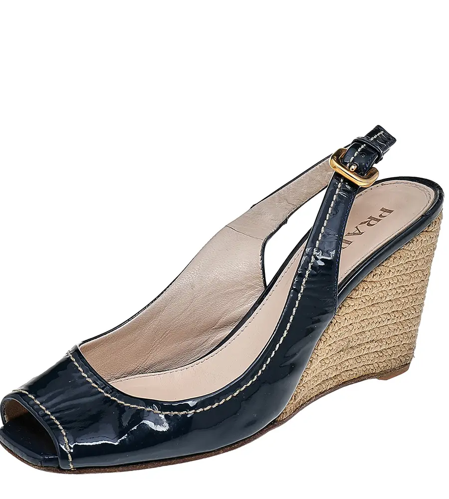 Prada Navy Blue Patent Leather Peep Toe Wedges Espadrilles Slingback Sandals Size 36