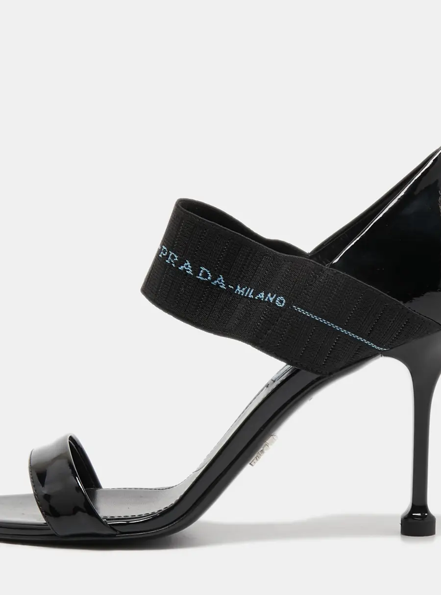 Prada Black Patent Leather and Logo Elastic Ankle Strap Sandals Size 39