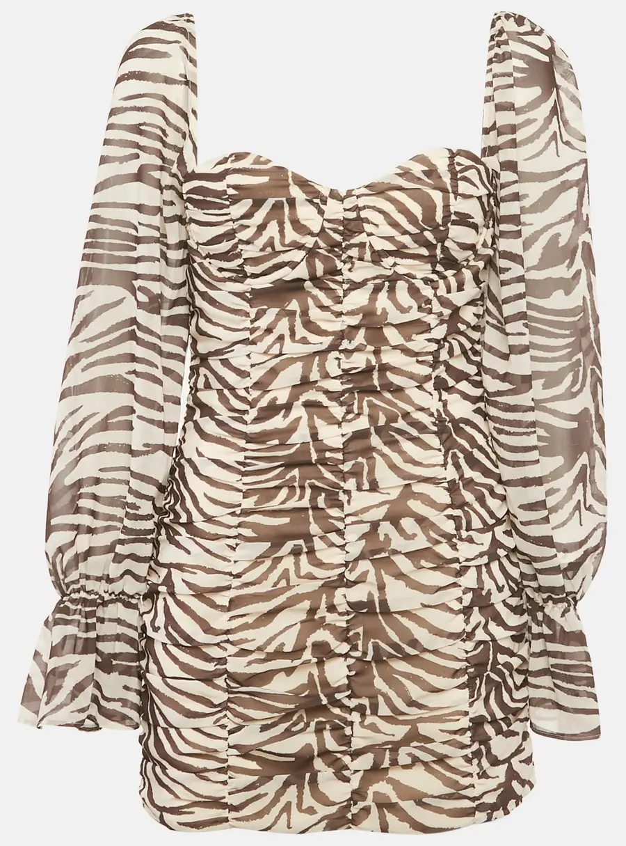 Runaway The Label Brown Animal Skin Print Chiffon Ruche Mini Dress M