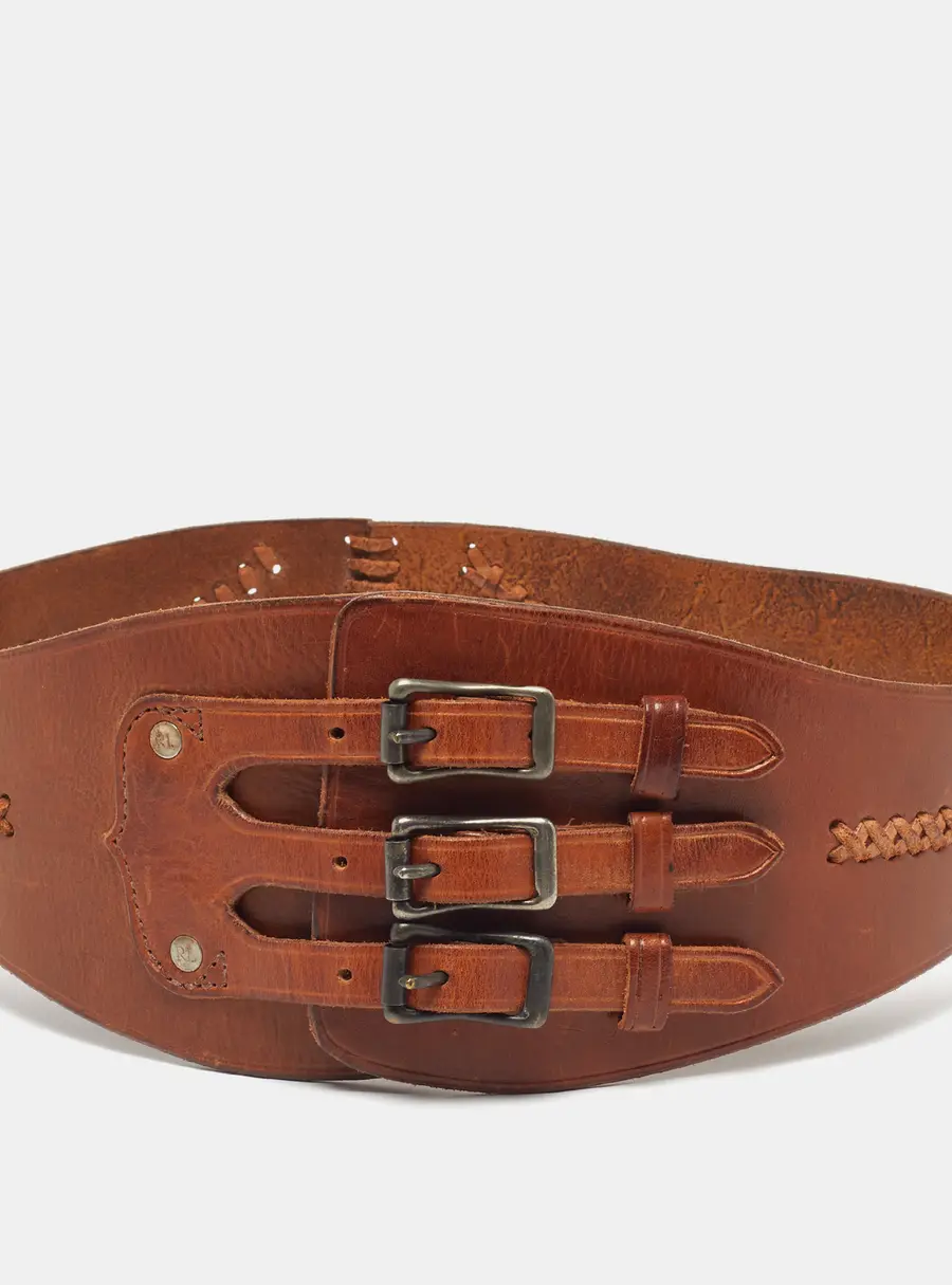 Ralph Lauren Triple Buckle Waist Belt Brown Leather