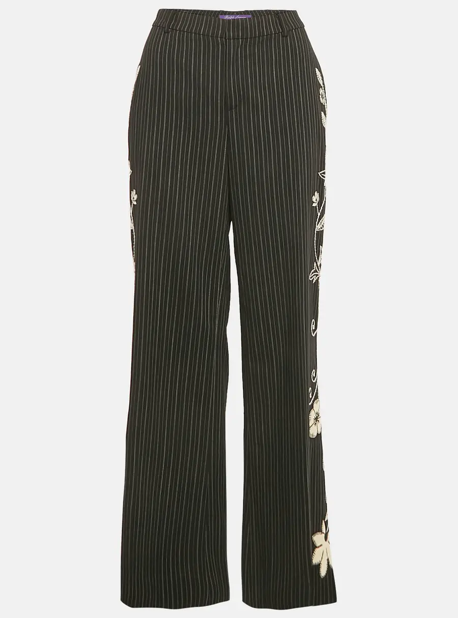 Ralph Lauren Black Embroidered Stripe Wool Wide-Leg Trousers M