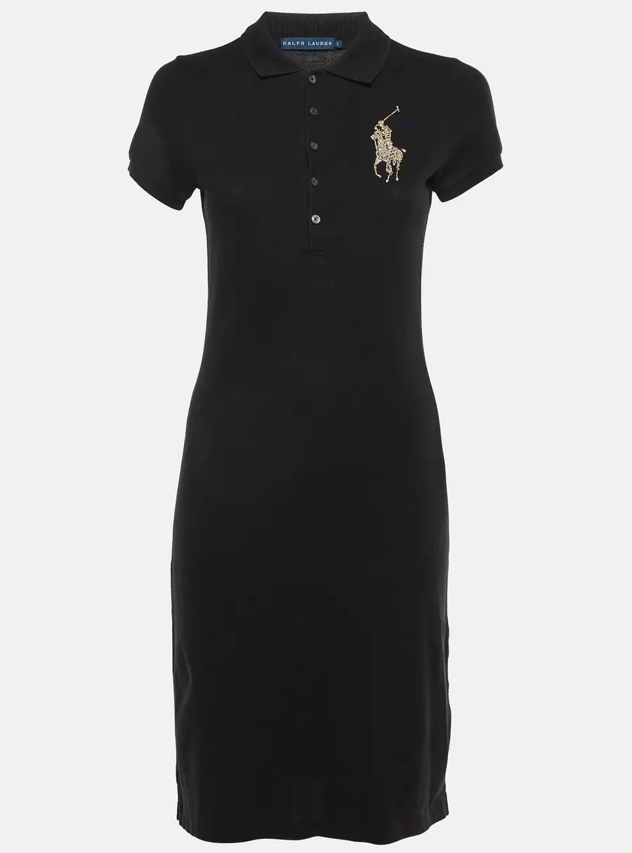 Ralph Lauren Black Cotton Embellished Logo Polo Dress S