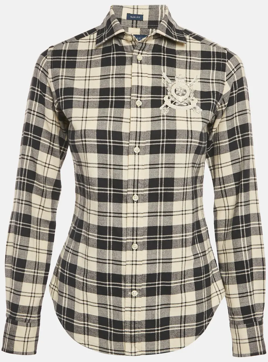 Ralph Lauren Navy Blue /Beige Flannel Cotton Blend Slim Fit Shirt S