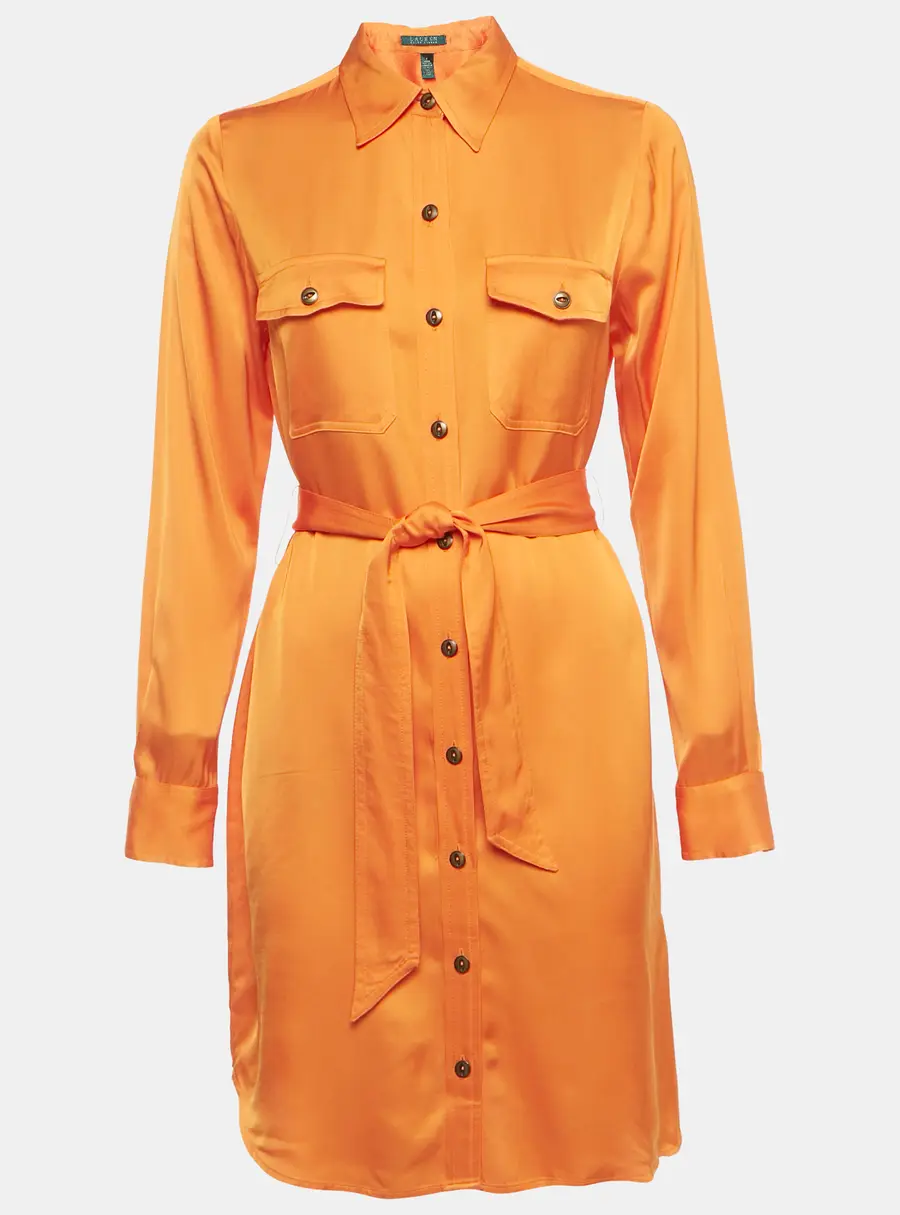 Ralph Lauren Orange Satin Belted Shirt Dress S