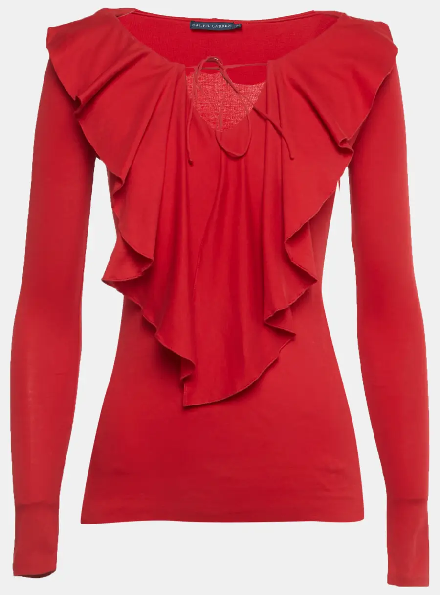 Ralph Lauren Red Jersey Ruffled Long Sleeve Top XS