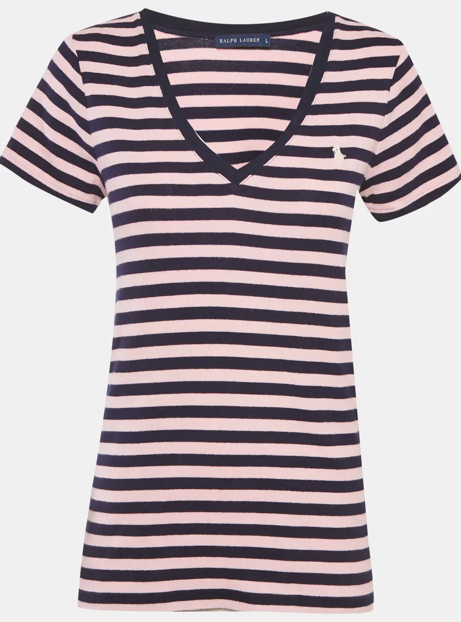 Ralph Lauren Pink & Navy Blue Striped Cotton Knit V-Neckk T-Shirt L