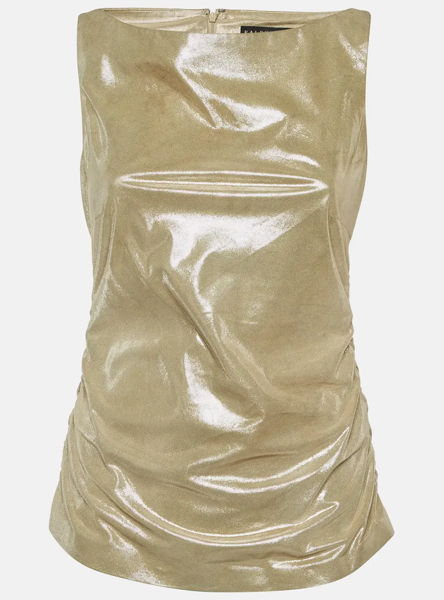 Ralph Lauren Beige Metallic Print Suede Sleeveless Top M