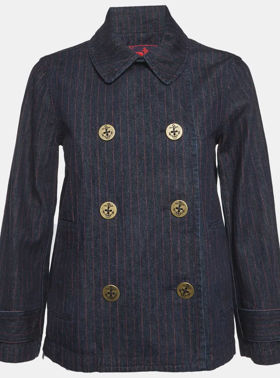 Ralph Lauren Navy Blue Striped Denim Double Breasted Jacket S