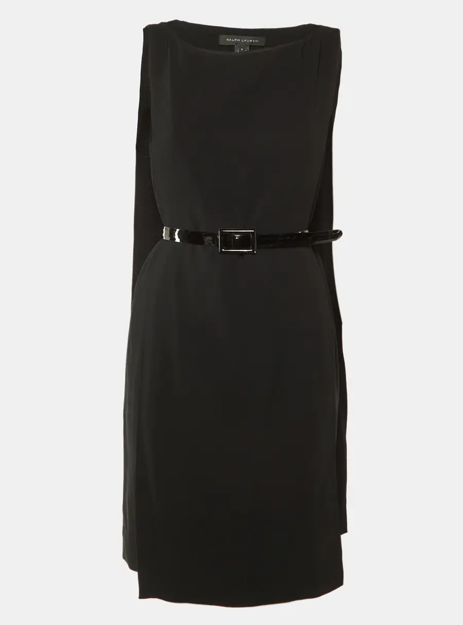 Ralph Lauren Black Crepe Cape Detail Belted Midi Dress M