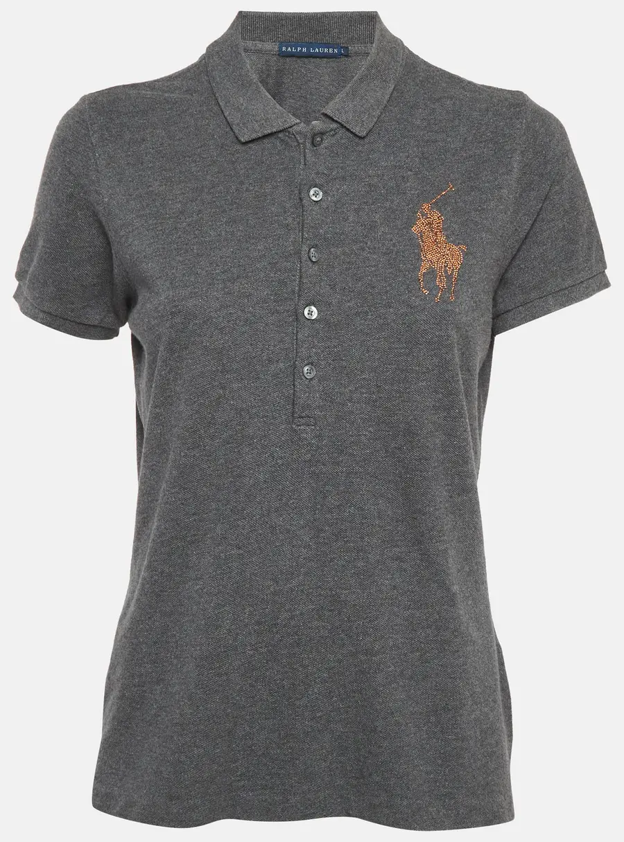Ralph Lauren Grey Logo Rhinestone Pique Polo T-Shirt L