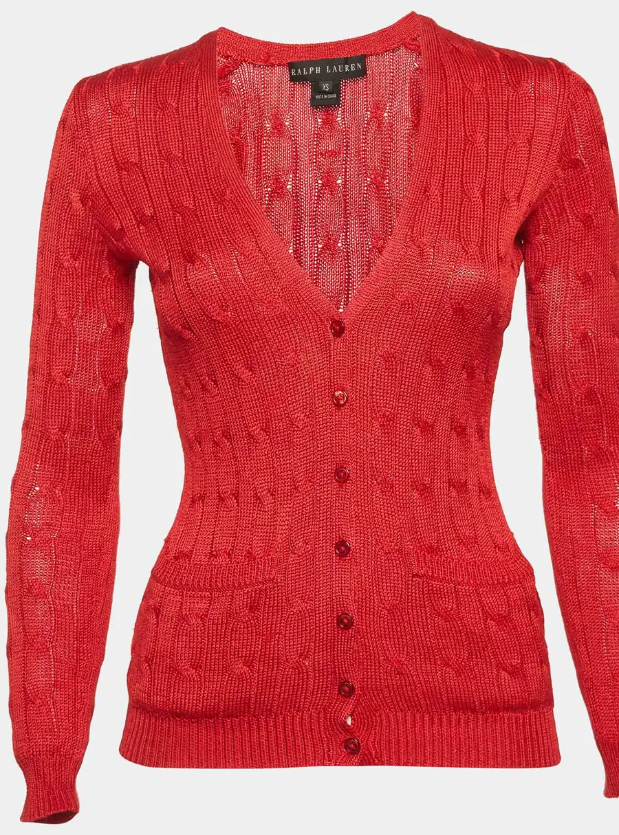 Ralph Lauren Red Silk Knit Buttoned Cardigan XS