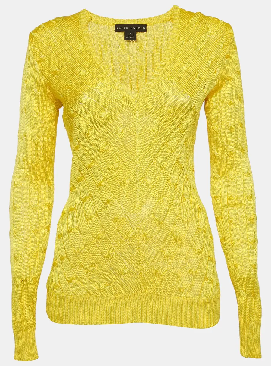 Ralph Lauren Yellow Cable Knit Silk V-Neck Sweater M