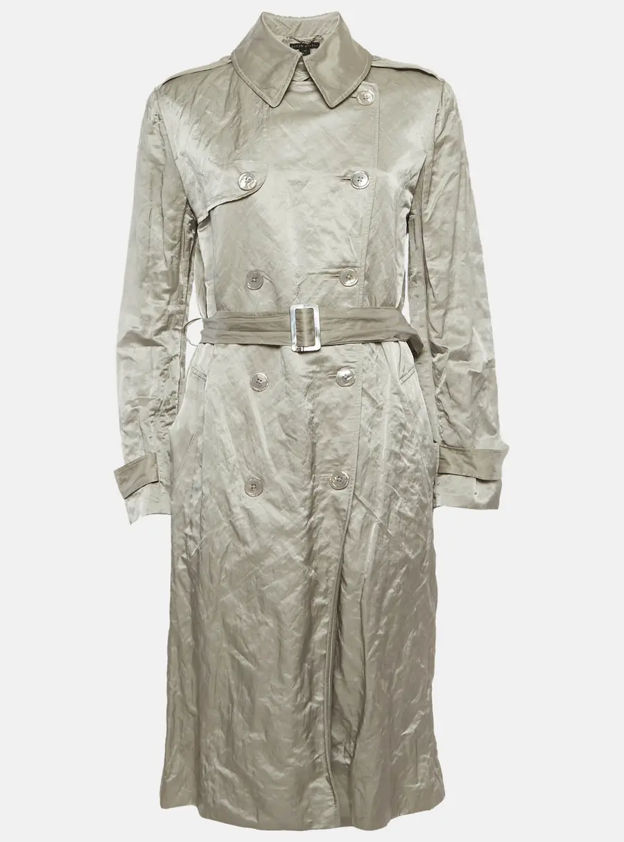 Ralph Lauren Silver Satin Belted Double Breasted Trench Coat L