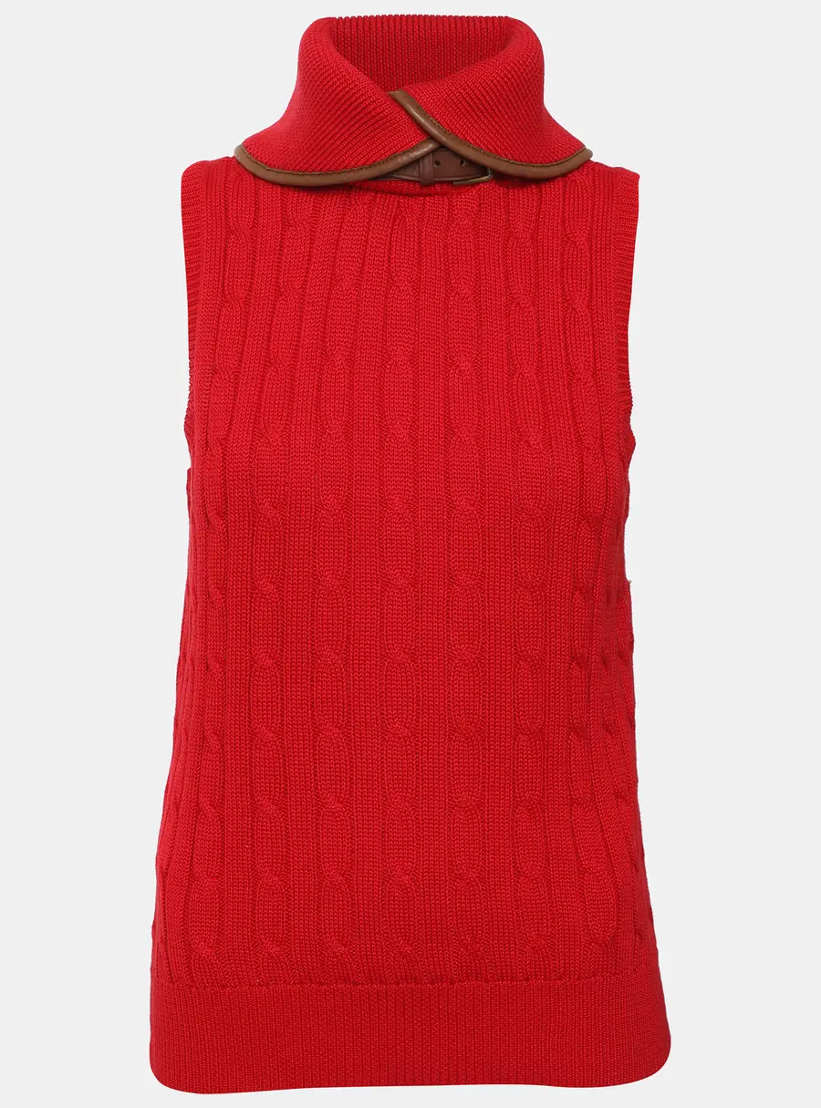 Ralph Lauren Red Rib Knit Sleeveless Buckle Top M