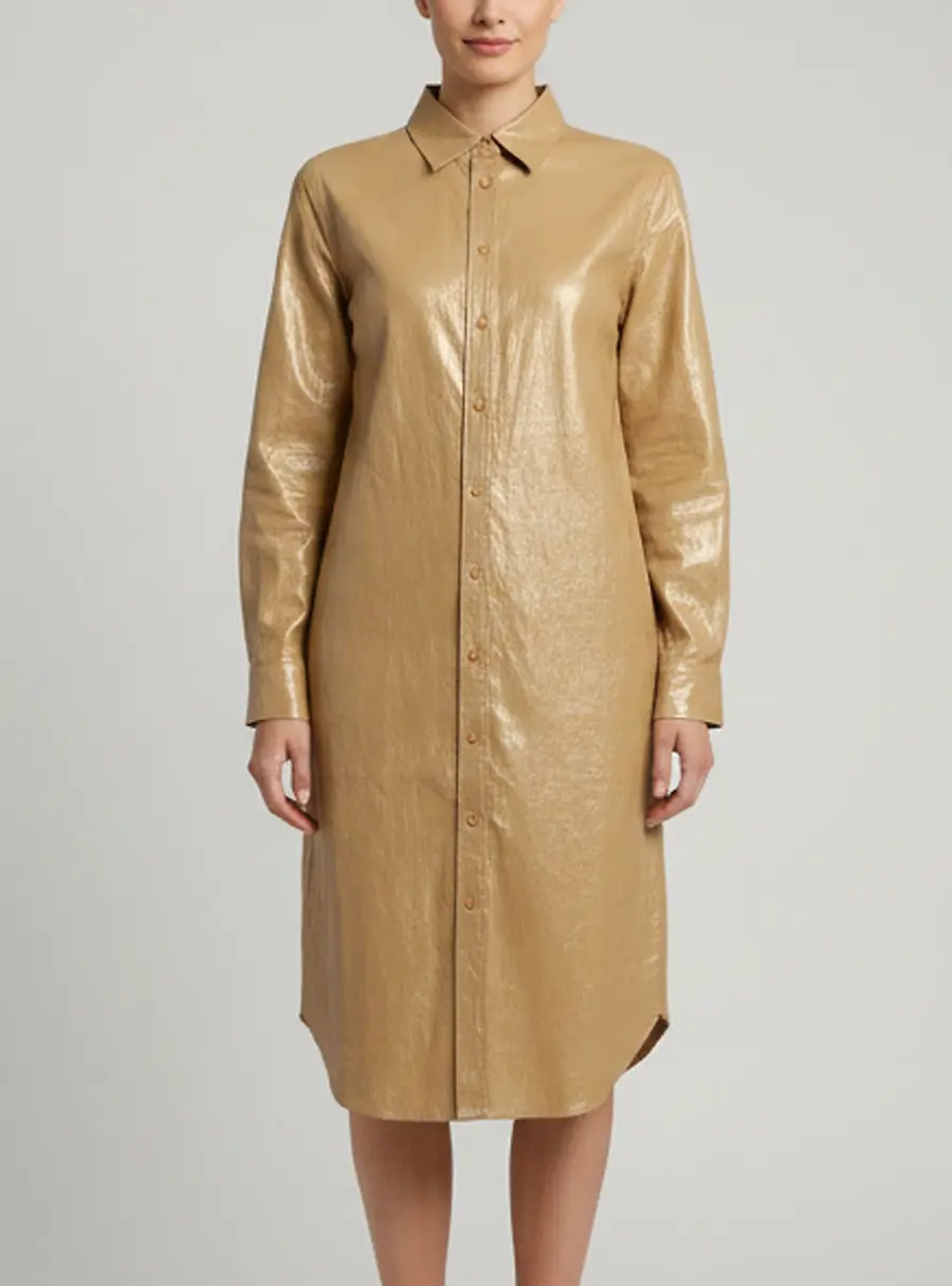 Ralph Lauren Metallic Beige Linen Long Sleeve Shirt Midi Dress M