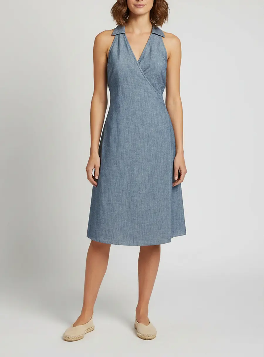 Ralph Lauren Sport Blue Chambray Sleeveless Wrap Midi Dress M