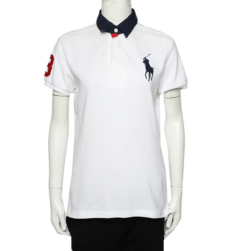Ralph Lauren White Cotton Pique Contrast Collar Detail Polo T-Shirt L