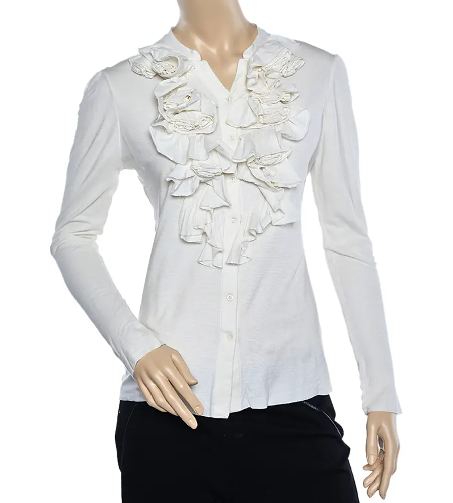 Ralph Lauren Off White Knit Ruffled Neck Button Front Top L