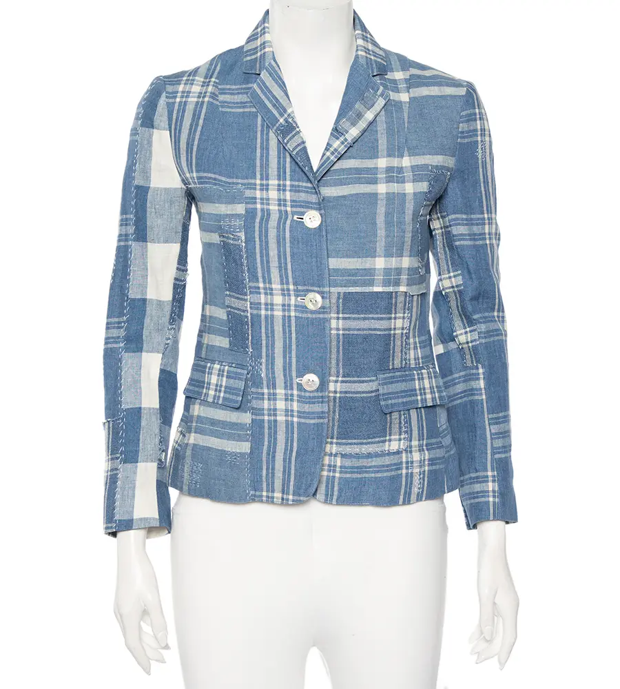 Ralph Lauren Blue Checkered Line Patchwork Detail Blazer S