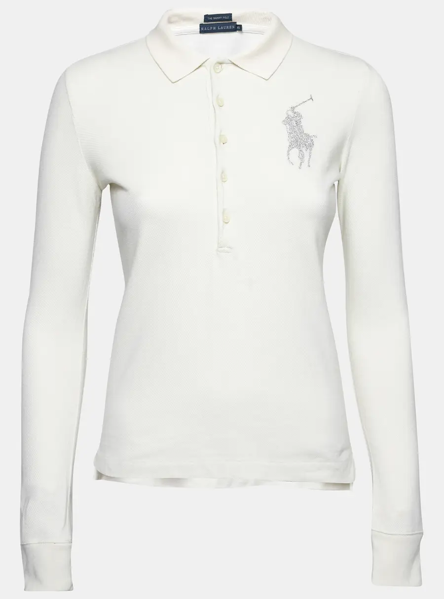Ralph Lauren Cream Cotton Pique Logo Embellished Skinny Polo T-Shirt XS