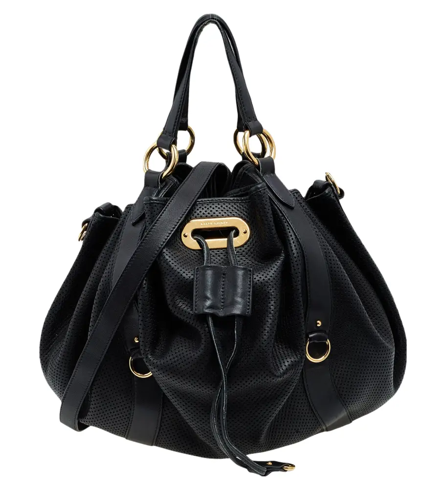 Ralph Lauren Black Perforated Leather Drawstring Hobo