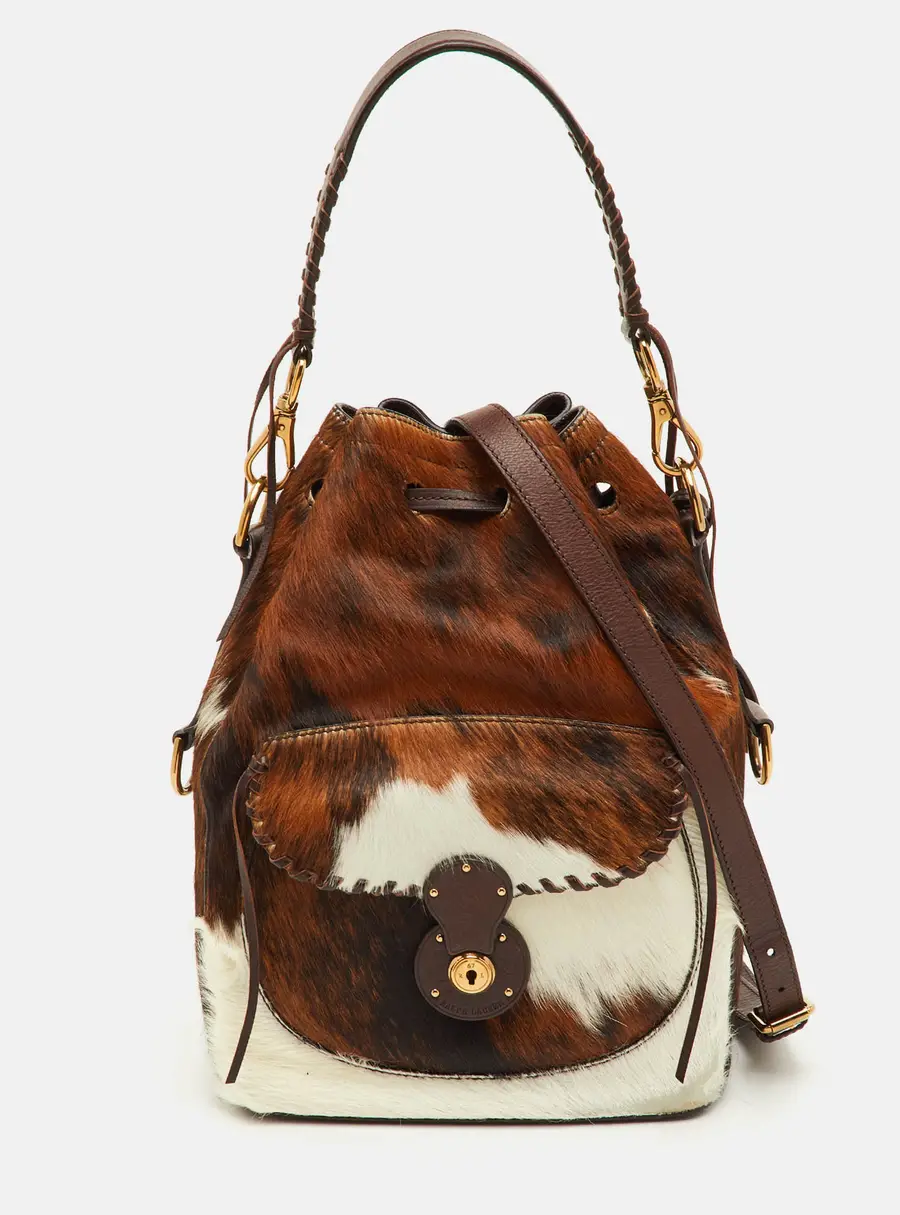 Ralph Lauren Ricky Brown Animal Print Calf Hair and Leather Drawstring Bucket Bag