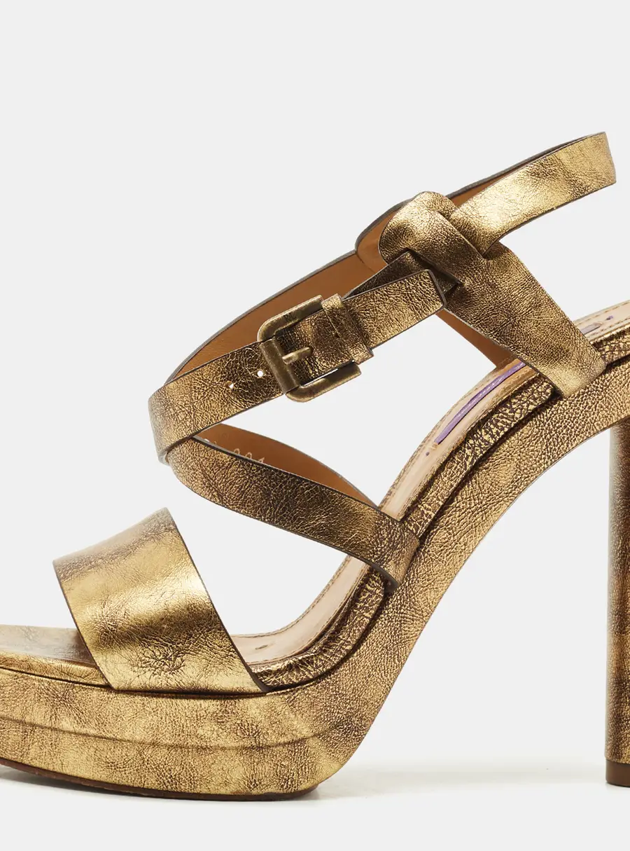 Ralph Lauren Metallic Gold Leather Estrid Platform Ankle Strap Sandals Size 39.5