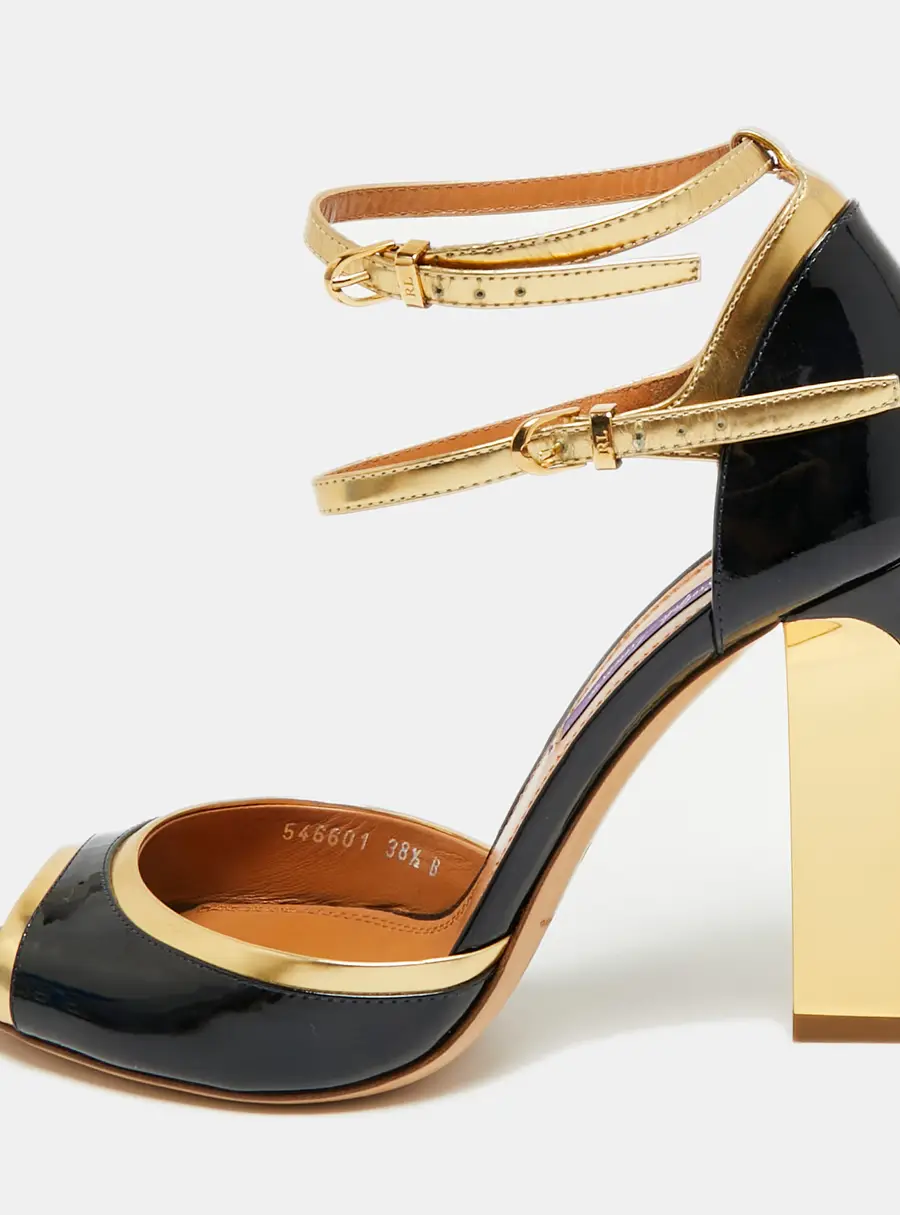 Ralph Lauren Size 38.5 Black Leather and Patent Leather Ankle Strap Sandals