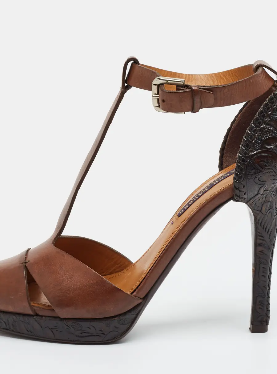 Ralph Lauren Size 38.5 Dark Brown Leather T-Strap Platform Peep Toe Pumps