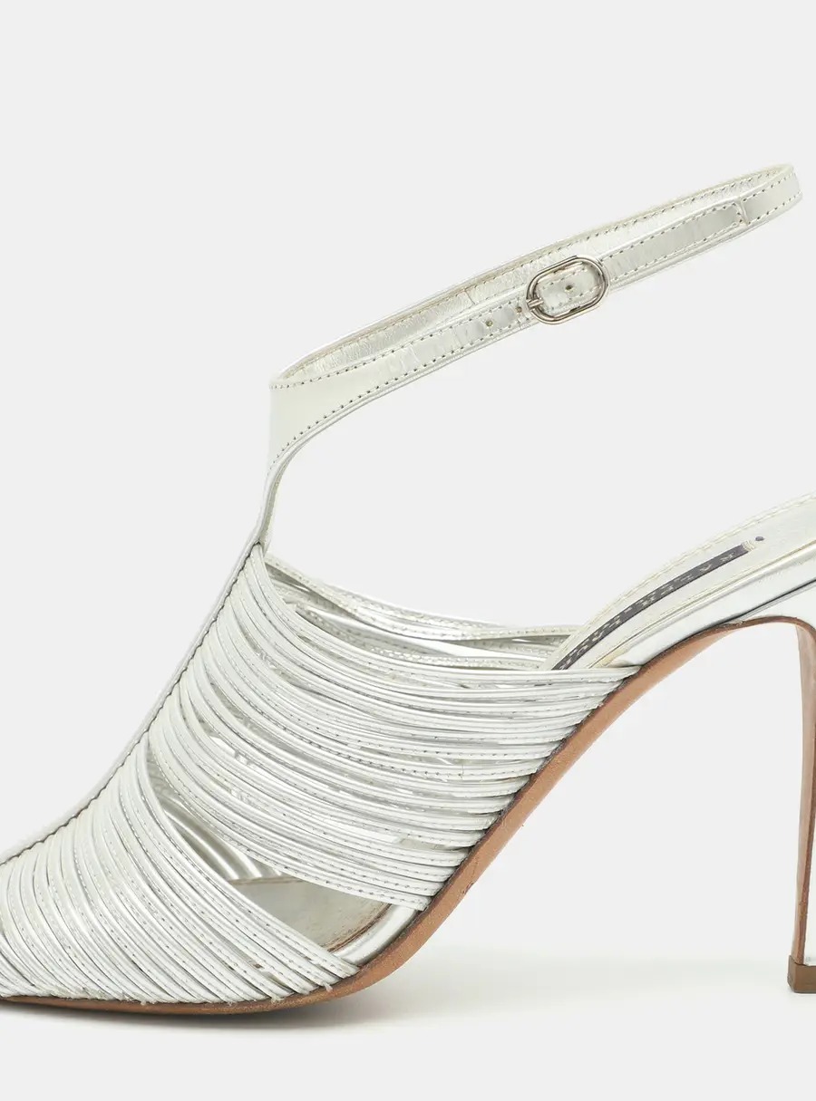 Ralph Lauren Collection Size 38.5 Silver Metallic Leather Strappy Slingback Sandals