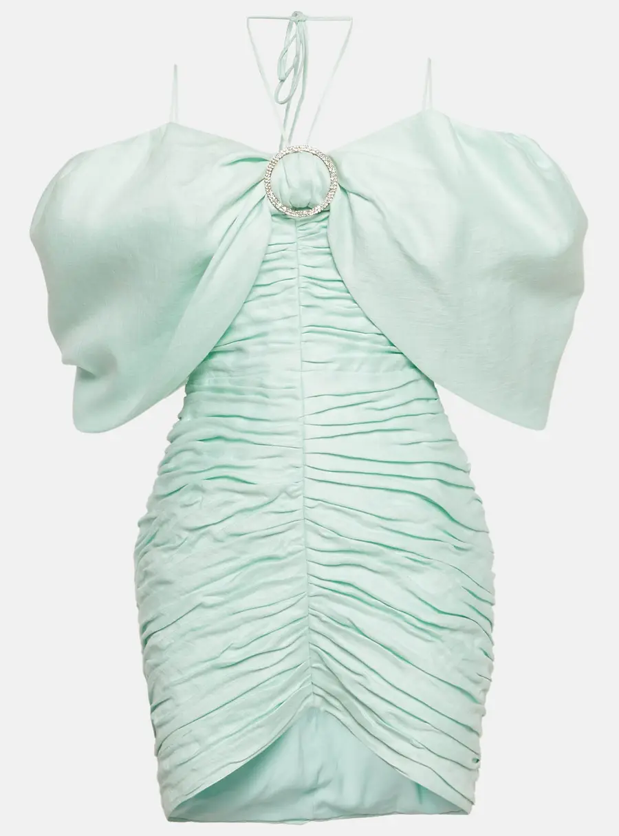 Rasario Light Green Linen Blend Ruched Off Shoulder Dress M