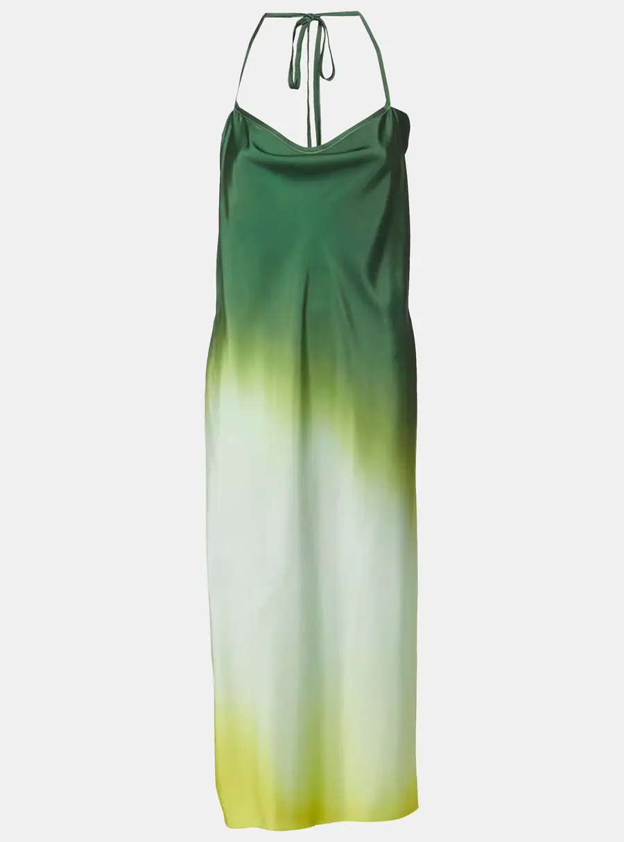 Rat & Bao Ombre Green/Multicolor Satin Halter Neck Long Dress XS