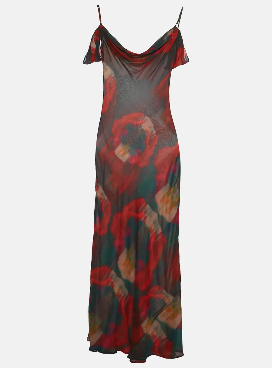 Rat & Bao Multicolor Printed Crepe Cold Shoulder Sheer Maxi Dress XS