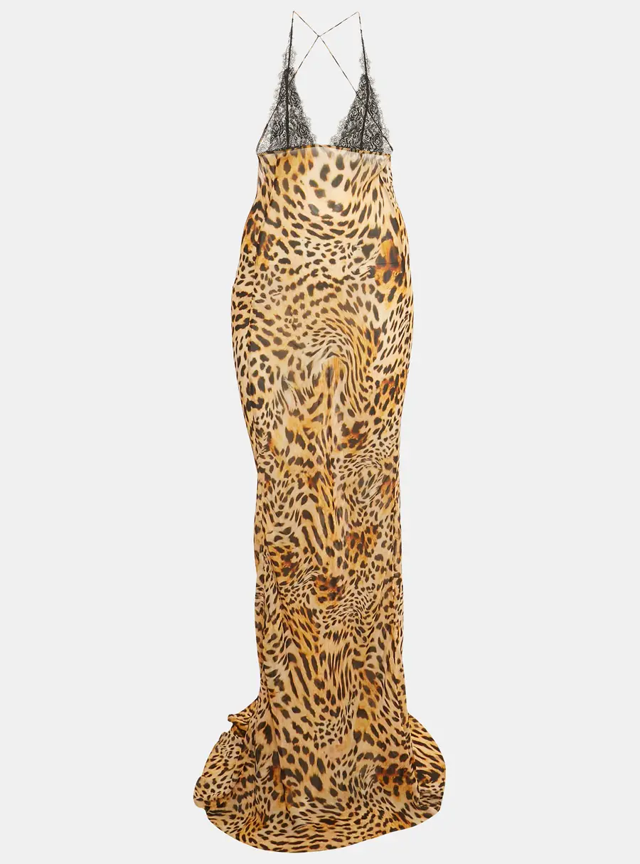 Rat & Boa Brown /Black Animal Print Crepe & Lace AKima Slip Dress L