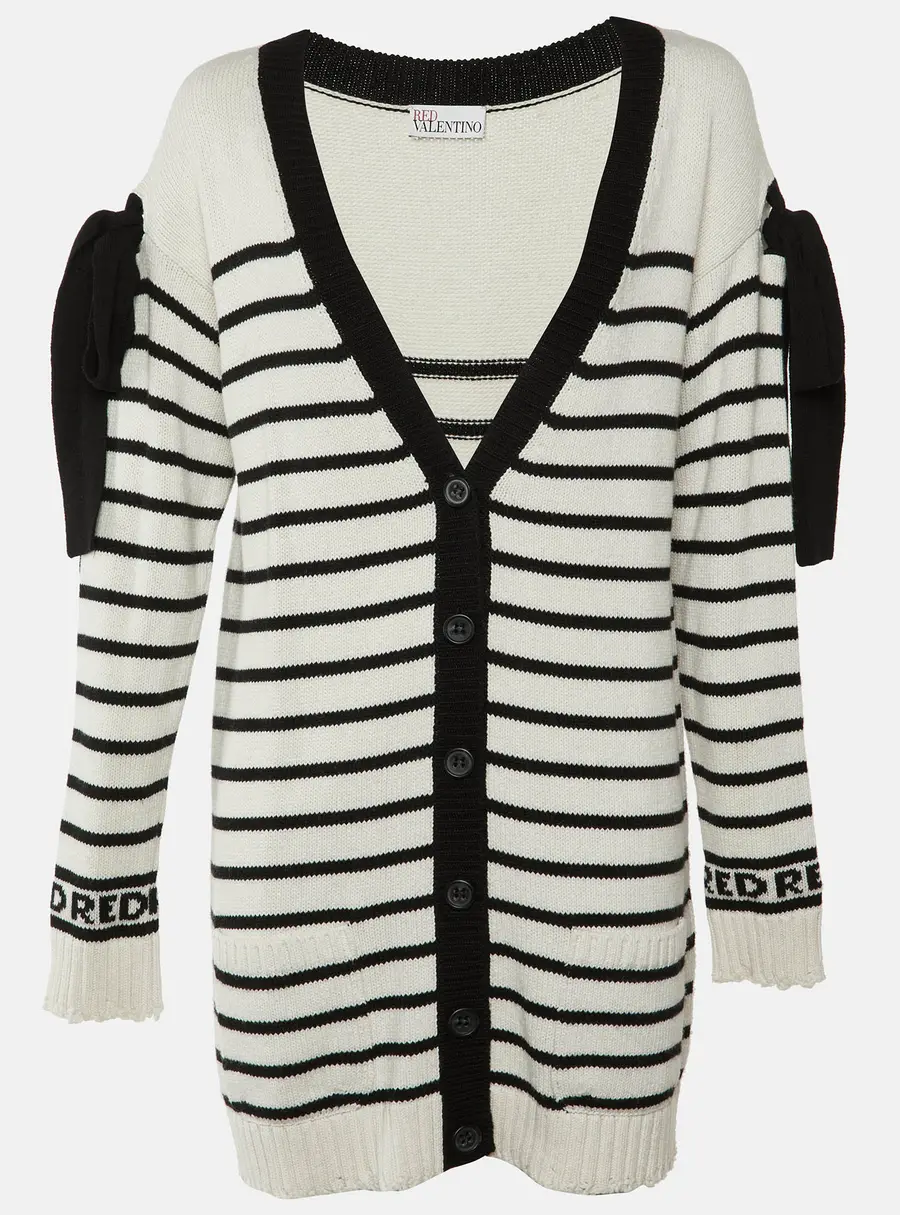 RED Valentino Ivory Striped Knit Bow Detail Cardigan M