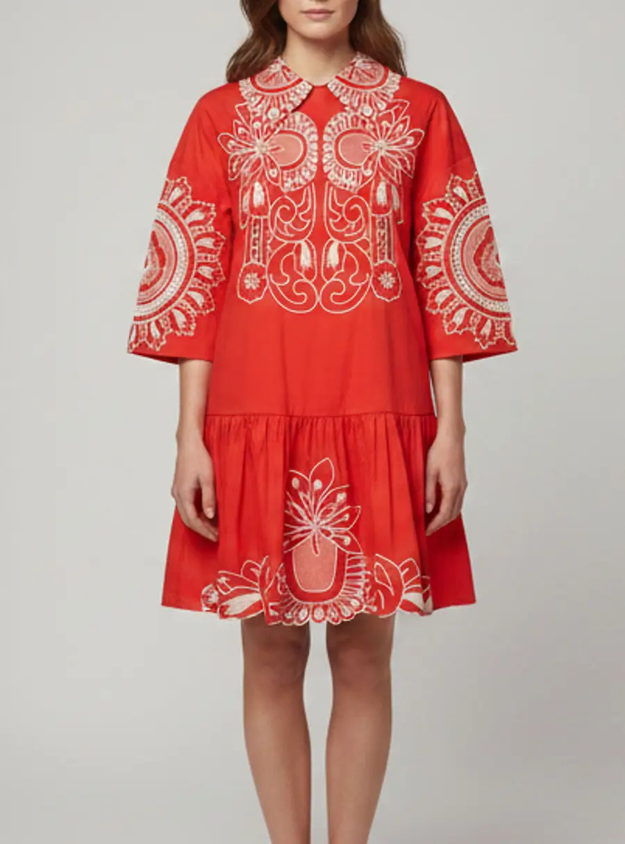 RED Valentino Red Floral Embroidered Poplin Ruffled Mini Dress M
